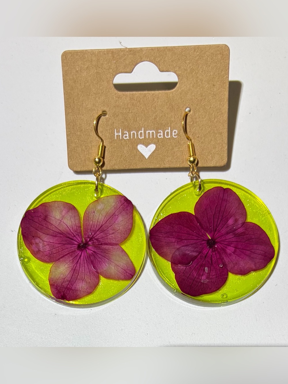 Green Resin Earrings with Pink Pressed Flowers